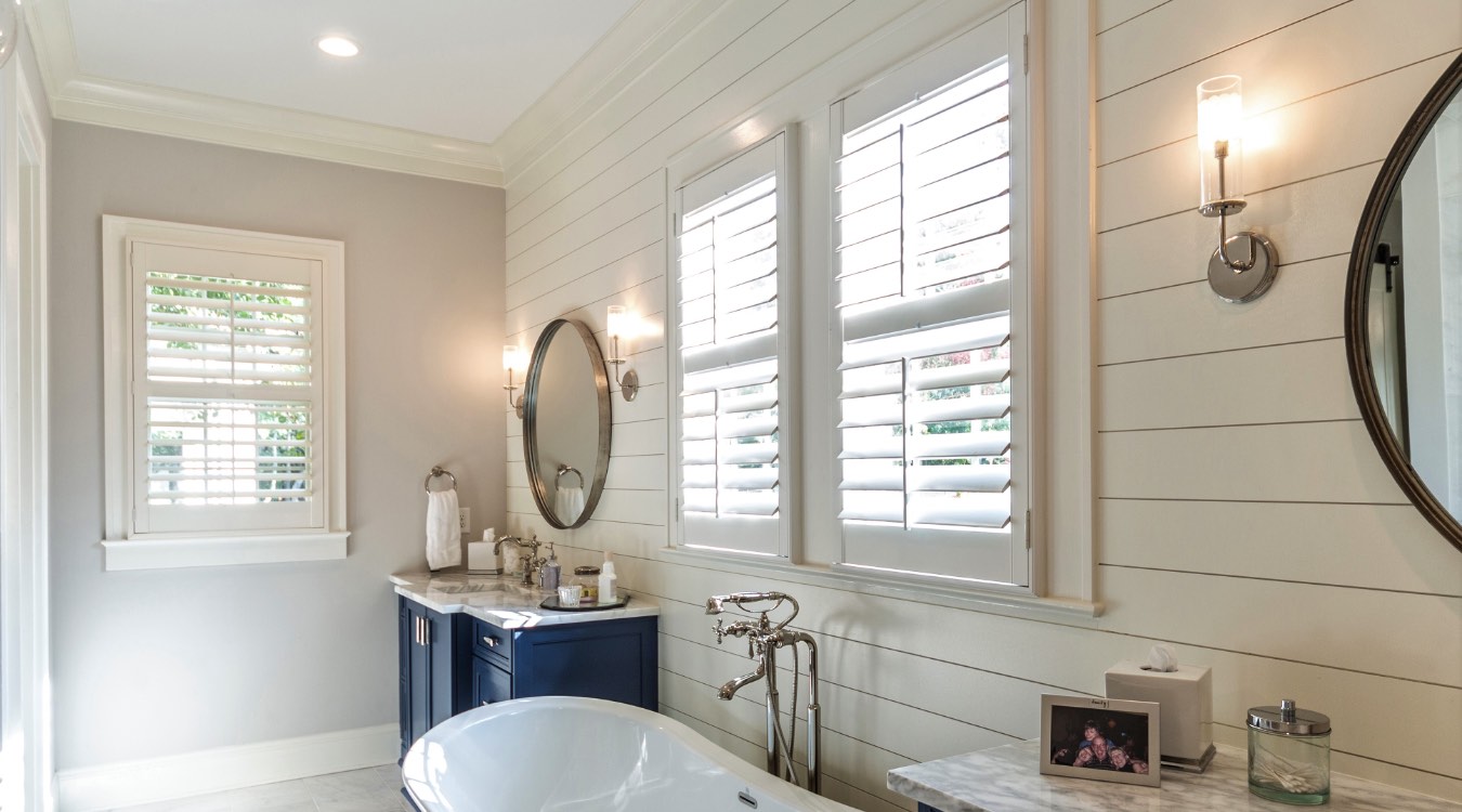 San Antonio bathroom with white plantation shutters.