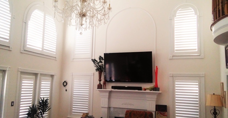 Specialty Window Treatment Guide Sunburst Shutters San Antonio High Ceiling Windows With Shutters San Antonio Living Room