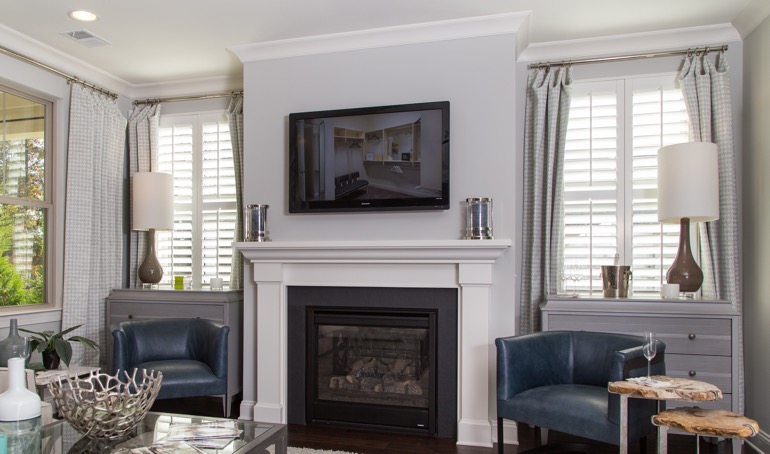 With the proper work, your fireplace can run all winter long. San Antonio mantle with plantation shutters.