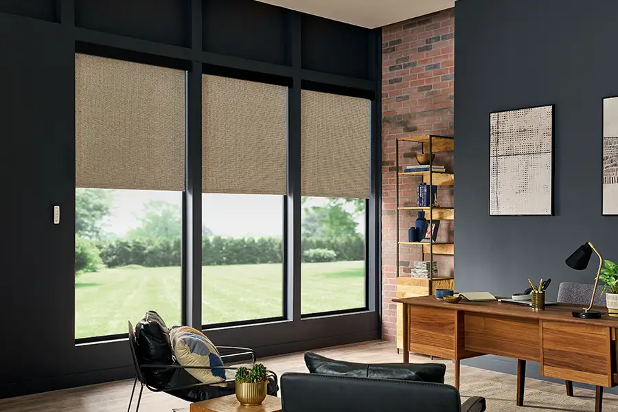 Tan roller shades on tall windows in a dark gray den